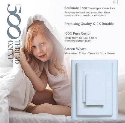 Mayfair Linen 100% Cotton Twin XL Sheet Set - 500 Thread Count Sheets Twin XL Size 3 PC Set (Light Blue), Soft, Cooling, Hotel-Quality 16" Deep Pocket Sateen Weave Cotton Bedsheet for Dorm Room