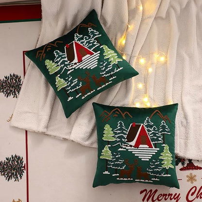 LUOYEHK Christmas Green Pillow Covers 18x18 Set of 2 House and Deer Decorative Pillow Cases Winter Holiday Velvet Embroidered Cushion Covers for Couch Sofa Bed