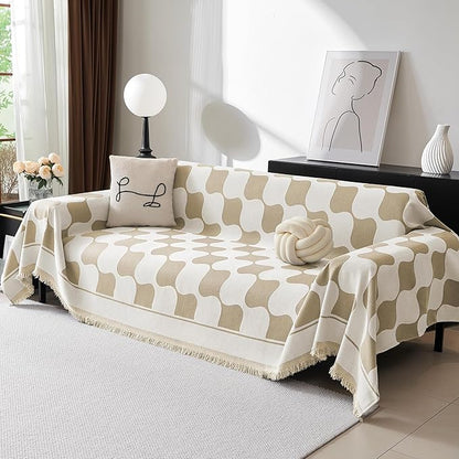 MEETSKY Oversized Sofa Cover Couch Cover for Sectional Sofa, Modern Jacquard Sofa Slipcover Loveseat Futon Cover, Pet Couch Cover Washable Couch Protector, Khaki Checkerboard