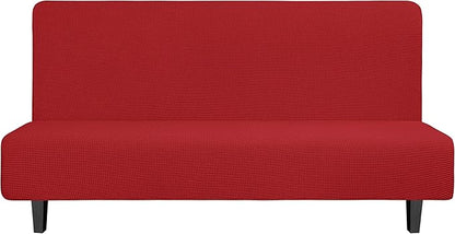 Easy-Going Stretch Futon Slipcover Armless Futon Bed Cover Furniture Protector Without Armrests with Elastic Bottom for Kids, Soft Jacquard Fabric Small Checks (Large, Christmas Red)