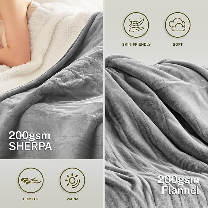 Heat Blanket 62”x84” Twin Size,Soft Flannel & Sherpa Reversible Electric Blanket with 10 Heat Settings,12 Timer Setting and 8 Hours Auto-Shut Off,ETL Certified Machine Washable,Light Grey