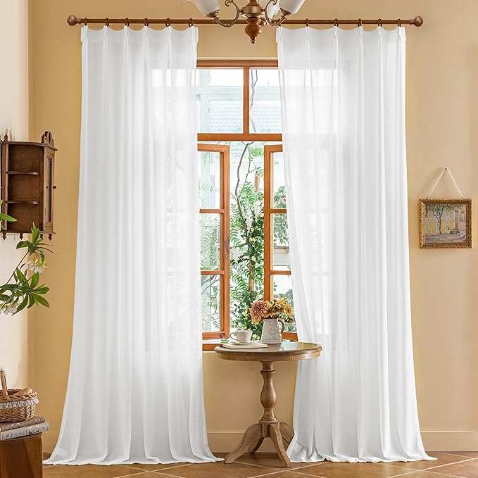 MAIHER 132 Inch White Sheer Pinch Pleat Curtains 11ft Length Floor to Ceiling Light Filtering Lightweight Pleated Drapes with Adjustable Hooks for High Living Room, White, 42" W x 132" L, 2 Panels