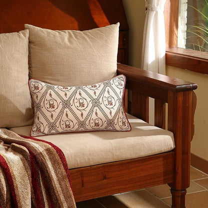 ISAENNE Design Linen Lumbar Vintage Throw Pillow Covers 12"x20",Red Euro Cushion Covers with Orange Floral Green Leaves Pattern Decor Pillowcases for Bed,Living Room,Outdoor,Car