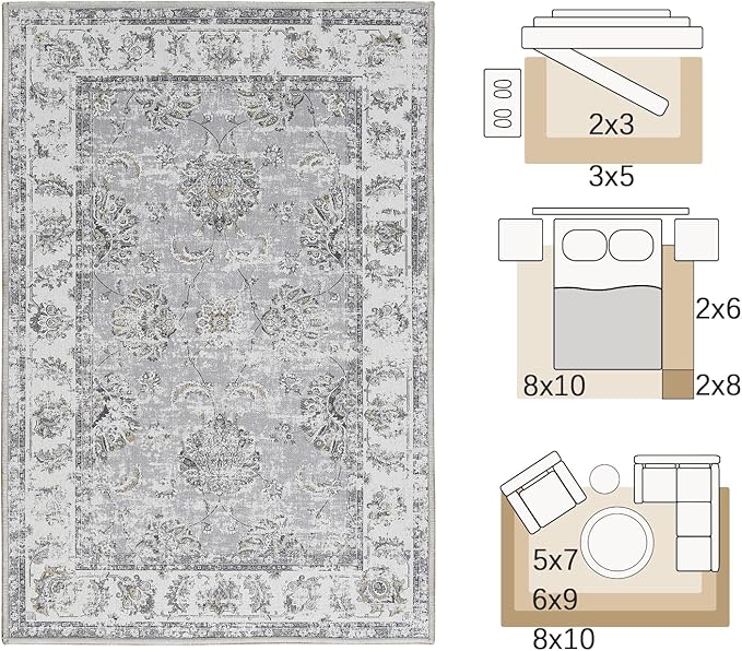 jinchan Fiora Floral 3x5 Area Rugs for Entryway - Machine Washable Taupe Vintage Distressed Design Doormat Non-Slip Ultra-Thin Low Pile Boho Rug for Kitchen Living Room Bedroom Farmhouse (3‘x5', Grey)