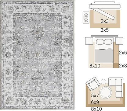 jinchan Fiora Vintage Floral 5x7 Area Rugs for Bedroom - Machine Washable Distressed Design Stain Resistant Boho Carpet Ultra-Thin Low Pile Non-Slip Rug for Living Room Dining Room (5'x7', Grey)
