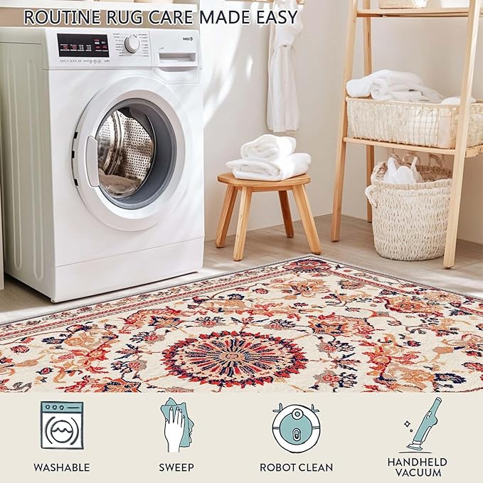 6x9 Traditional Oriental Area Rug Boho Orange White Rug Non Slip Low Pile Large Carpet for Home Kitchen Living Room Bedroom Dining Room Office