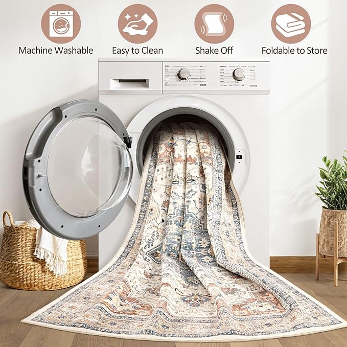 8x10 Area Rugs Living Room: Washable Boho Large Neutral Vintage Soft Rug Stain Resistant Distressed Farmhouse Non-Slip Indoor Floor Carpet for Bedroom Nursery Kids Office Dining Room- Beige Blue