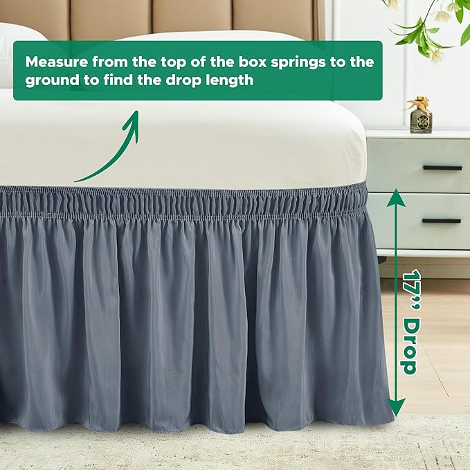 Biscaynebay Wrap Around Bed Skirts for Queen Beds 17" Long Drop, Dark Grey Adjustable Elastic Dust Ruffles Easy Fit Wrinkle & Fade Resistant Silky Luxurious Fabric Solid Machine Washable
