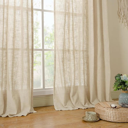 LAMIT Light Filtering Sheer Linen Curtains 102 inches Long, Linen Textured Semi Sheer Back Tab and Rod Pocket Natural Boho Drapes for Living Room/Farmhouse, 2 Panels, Linen, 52 x 102 Inch