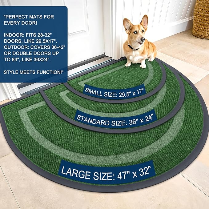 OLANLY Half Circle Door Mat Indoor Outdoor Entrance Welcome, Waterproof All-Season, All-Weather Doormat, Sturdy Natural Rubber, Low Profile, Easy Clean Patio Porch Entryway Mat, 29.5x17, Green