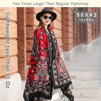 DANA XU 100% Merino Wool Pashmina Shawl for Women 96"x43", Oversized Cashmere Wrap with Tassels, Floral Travel Blanket Cape