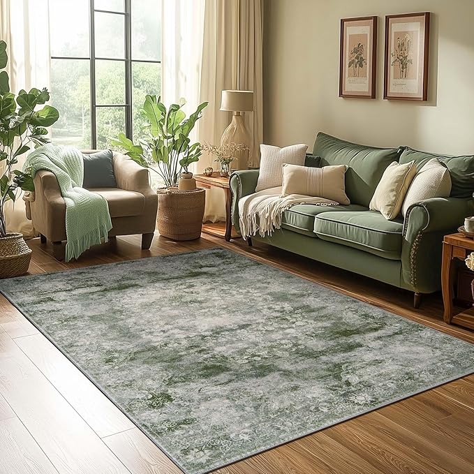 jinchan Green 4x6 Area Rugs - Machine Washable Vintage Floral Distressed Design Soft Ultra-Thin Low-Pile Non-Slip Christmas Carpet for Bedroom Living Room Dining Room Nursery (4x6ft, Forest Green)