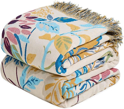 MSGKV Boho Throw Blanket for Bed Cotton 60"x80" Floral Blanket Twin Size Couch All Seasons Muslin Breathable Lightweight Farmhouse Blankets