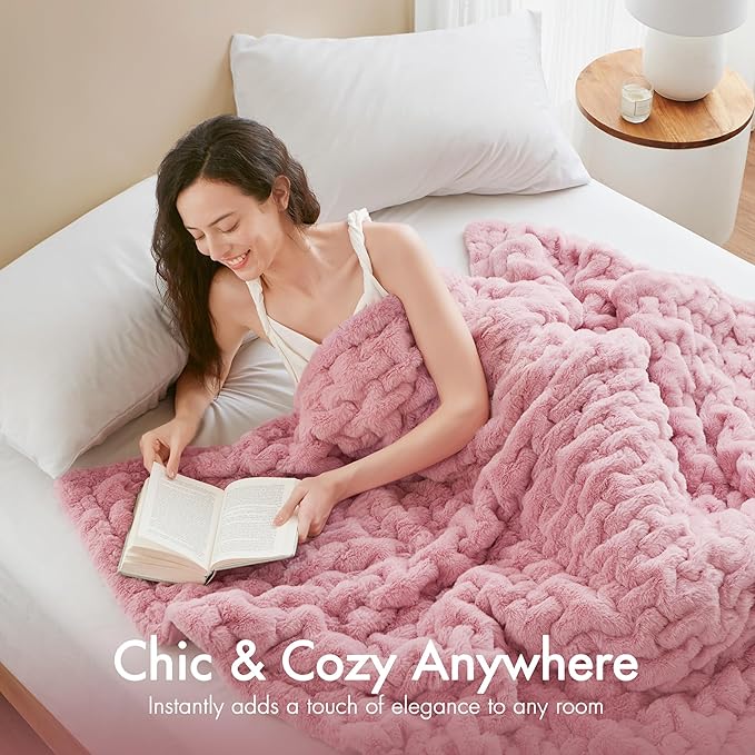 Madison Park Ruched Luxury Throw Premium Soft Cozy Brushed Long Faux Fur for Bed, Couch or Sofa, 50"x60", Pink