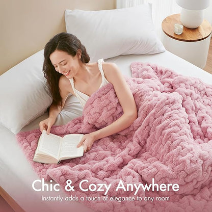 Madison Park Ruched Luxury Throw Premium Soft Cozy Brushed Long Faux Fur for Bed, Couch or Sofa, 50"x60", Pink