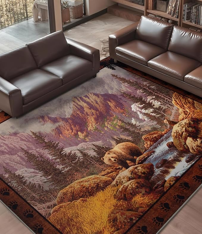 YIHOUSE Rustic Cabin Area Rug for Bedroom 6x9,Machine Washable Woodland Bear Rug,Non-Slip Low Pile Print Pattern Wildlife Rug for Living Room