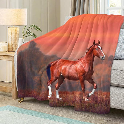 Sunset Horse Throw Blanket for Couch, Super Soft Fuzzy Throws Warm Comfortable Plush Fleece Blanket, Fashion Decorative Flannel Fleece Blanket for All Season(50 x 60 in, Horse & Sunset)