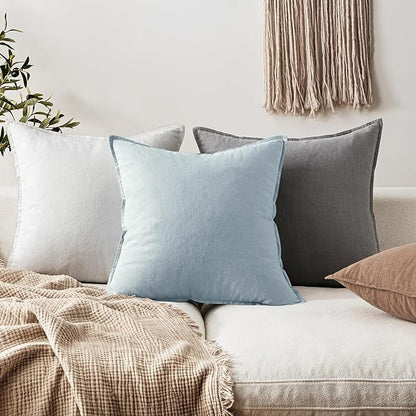 EMEMA Throw Pillow Covers Decorative Linen Pillow Covers 20x20 Inch Light Blue Boho Farmhouse Neutral Couch Throw Pillows for Bed Pack of 2 Accent Pillowcase Modern Sofa Cushion Livingroom Home