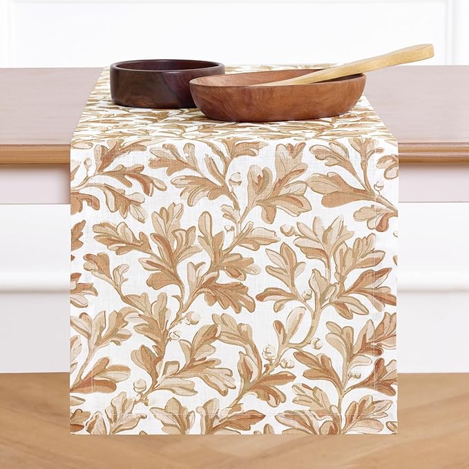 Solino Home 100% Pure Linen Fall Table Runner 108 Inches Long - Floral Print Table Runner 14 x 108 Inch for Autumn - Handcrafted and Machine Washable - Fallen Leaves Print