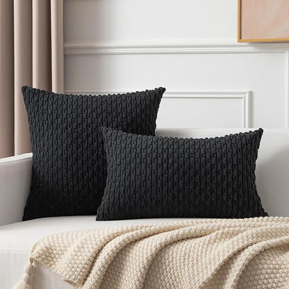 Kevin Textile 12x20 Inch Pillow Cover 1 Pack Boho Decorative Soft Striped Corduroy Lumbar Farmhouse Accent Rectangle Cushion Case for Living Room Couch Sofa Bed, Black