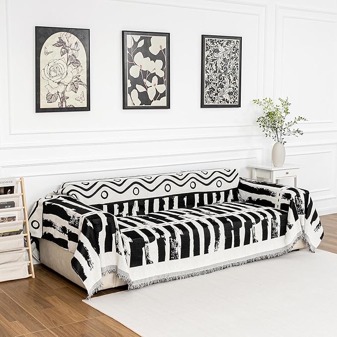 MEETSKY Boho Couch Cover Sofa Covers for Dogs, Couch Cover for Sectional Sofa, Soft Chenille Sofa Slipcover Couch Protector for Pets Protector Furniture Covers, 71" x 118", Black