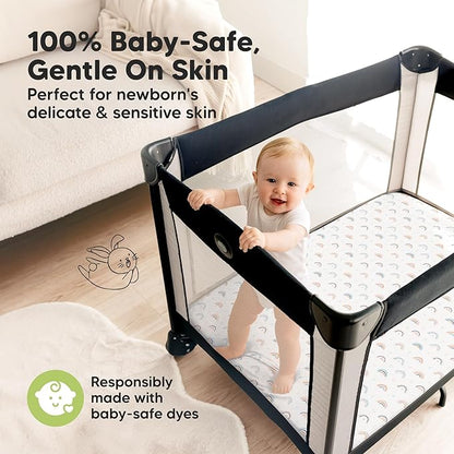Pack and Play Sheets Fitted - 2-Pack Mini Crib Sheets for Pack N Play Mattress 38x26, Soft & Cozy, Neutral Toddler Playard Bedding, Snug Fitted Mini Baby Crib Mattress Cover Boy, Girl (Jolly Rainbow)