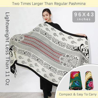 DANA XU 100% Merino Wool Extra Large Pashmina Blanket Travel Scarf Cashmere Wrap for Women Fall Winter Oversize Shawl Floral