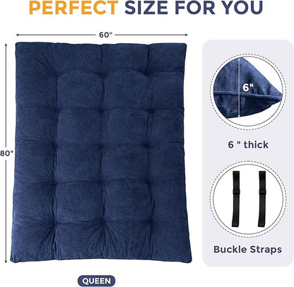 MAXYOYO Japanese Floor Mattress Queen Size, 6" Foldable Futon Mattress Tufted Roll Up Floor Bed, Thick Chenille Tatami Mat Sleeping Pad for Camping Guest Room Dormitory Bedroom RV, Navy