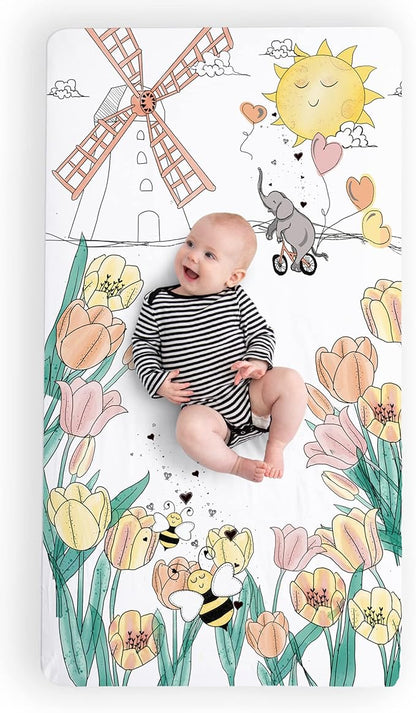 JumpOff Jo - Fitted Crib Sheet, Super Soft Breathable 100% Cotton Baby Crib Sheet for Standard Crib Mattresses and Toddler Beds, 28 in. x 52 in. - Tulip Fields