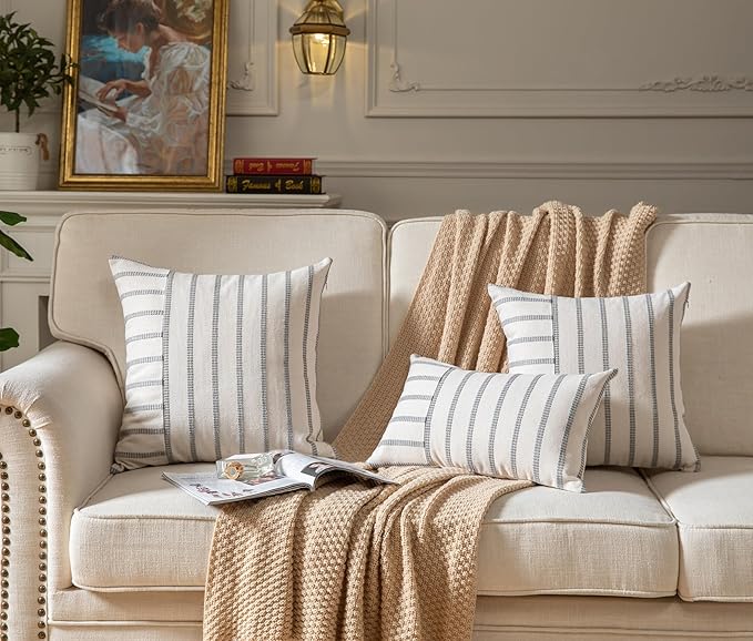 Caflife Boho Throw Pillow Covers 12x20 Set of 2 Soft Farmhouse Decorative Couch Pillow Cases Grey Striped Pillow Covers Neutral Cushion Covers for Sofa Bed Living Room Home Decor