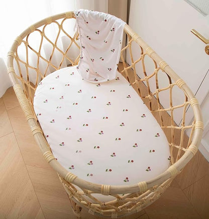 SDY Jersey Cherry Bassinet Sheets for Baby Girls,32 "x 16 "x 4", 2 Pack,Pink Cute Kawaii Standard Oval/Retangle Fitted Bassinet Sheets for Toddler,Super Soft Breathable