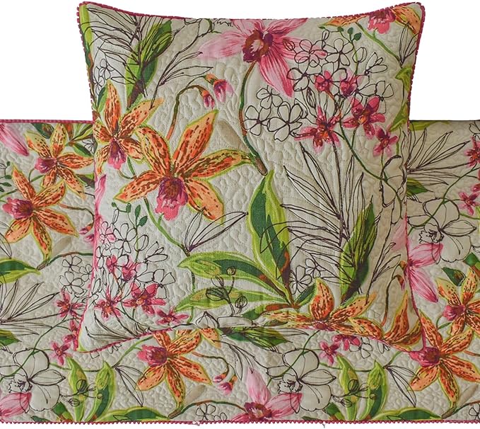 Lily Haven Pink Decorative Bed Runner CA King 86"x18" with Two Pillow Cover, Quilted, Pom Pom Lace Bed Scarf on Cotton Fabric