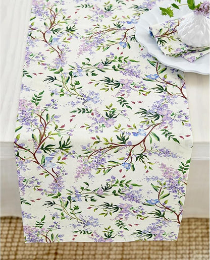 Solino Home Lilacs Floral Print Table Runner 72 Inches Long - 100% Pure Linen Table Runner 14 x 72 Inch - Handcrafted and Machine Washable - Lilacs/Off White Print