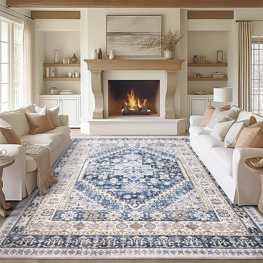 zesthome 9x12 Area Rugs,Stain Resistant Washable Rug,Ultra-Thin Rugs for Living Room,Bedroom,Non-Slip Backing Home Decor Large Area Rug (Blue/Beige,9'x12')