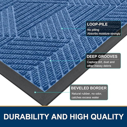 Smiry Front Door Mat Outside Entrance, Heavy Duty Sturdy Natural Rubber Doormat, Trap Dirt and Moisture, Easy Clean Low Profile Mats for Indoor Outdoor Entry, Irregular Triangle (59x24, Blue)
