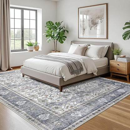 KUTA Vintage Floral Large Area Rugs 9x12 Living Room, Grey Blue Washable Bedroom Area Rug Non Slip, Ultra Thin Soft Print Distressed Low-Pile Traditional Carpet for Bedroom Dining Room Dorm Office