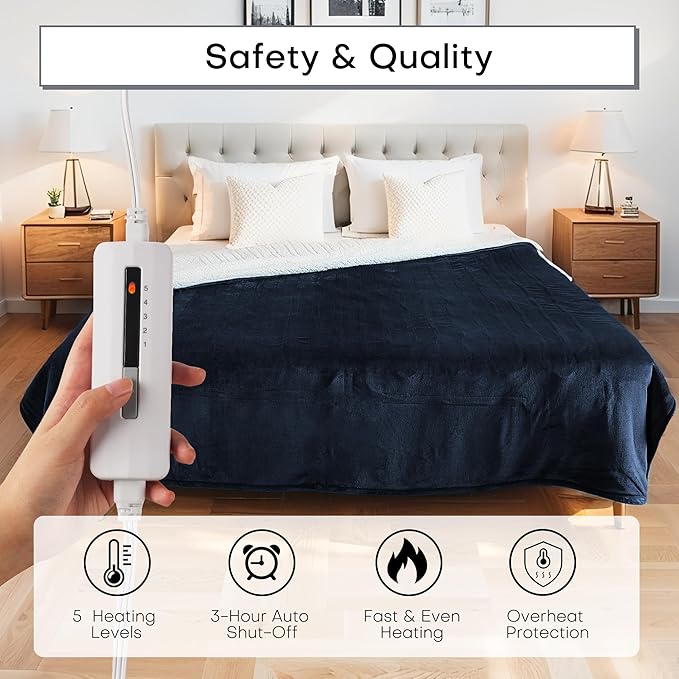 Electric Blanket Twin Size 62" x 84" Thickened Flannel and Sherpa Heated Blanket,10 Hours Timer Auto-Off,5 Heating Levels,for Bedroom Office Couch,Navy Blue