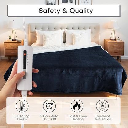 Heated Electric Blanket Throw Size 50"x60" Thickened Flannel and Sherpa Heated Blanket,3 Hours Timer Auto-Off & 5 Heating Levels,for Bedroom Office Couch-Navy Blue