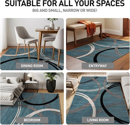Rugshop Modern Wavy Circles Design Area Rug, Fade-Resistant Carpet for Living Room, Bedroom, or Office, Blue, 6'6" x 9'