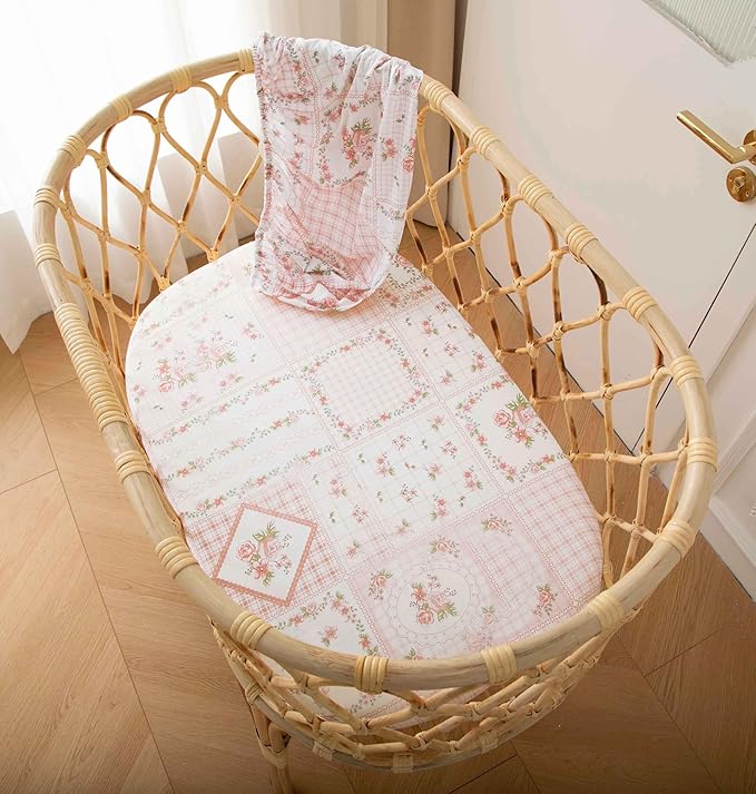 SDY Jersey FloralBassinet Sheets for Baby Girls,32 "x 16 "x 4",2 Pack,Pink Flower Standard Oval/Retangle Bassinet Mattress Sheets for Toddler,Super Soft Breathable