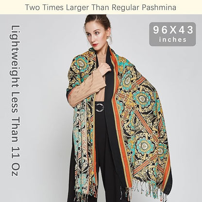 DANA XU 100% Merino Wool Extra Large Pashmina Blanket Travel Scarf Cashmere Wrap for Women Fall Winter Oversize Shawl Floral