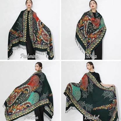DANA XU 100% Merino Wool Extra Large Pashmina Blanket Travel Scarf Cashmere Wrap for Women Fall Winter Oversize Shawl Floral