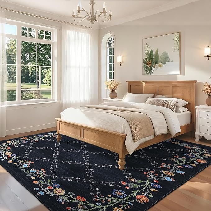 GarveeHome 8x10 Washable Floral Area Rugs for Living Room: Modern Floral Non Slip Large Area Rugs for Bedroom, Large Machine Washable Living Room Low Pile Carpet with Non-Slip Backing Black 8'x10'.