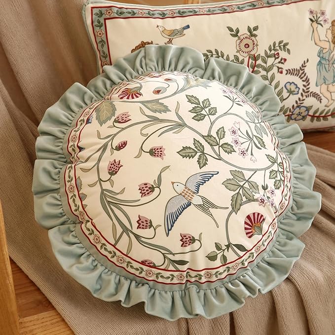Round Throw Pillow Covers Pack of 2,Green Cozy Velvet Farmhouse with Birds and Floral Pattern Pillowcases,Decoration Pillows Cushion Covers for Couch Sofa Bed Car Chair,Diameter 16"