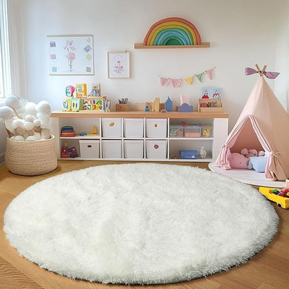 ONASAR Cream White Round Area Rug 4ft, Fluffy Ultra Soft Bedroom Circle Rugs Floor Mat for Kids Girls Boys Teen Room, Fuzzy Plush Shaggy Carpet for Nursery Living Room Playroom Dorm Home Decor