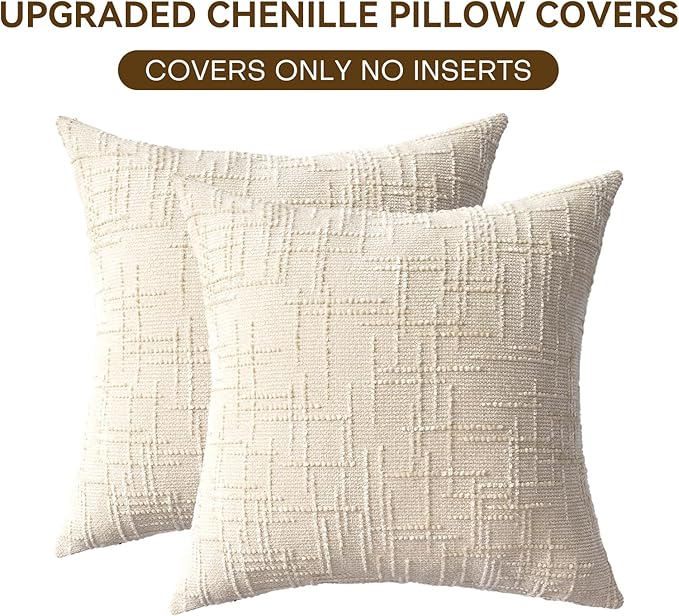 Decorative Throw Pillow Covers 18x18 Inch Set of 2, Thick Solid Farmhouse Chenille Couch Pillows, Spring Pillow Covers for Couch Sofa Bed Living Room Home Decor Pillowcase,White