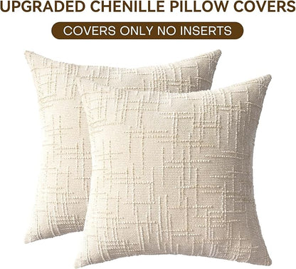 Decorative Throw Pillow Covers 18x18 Inch Set of 2, Thick Solid Farmhouse Chenille Couch Pillows, Spring Pillow Covers for Couch Sofa Bed Living Room Home Decor Pillowcase,White