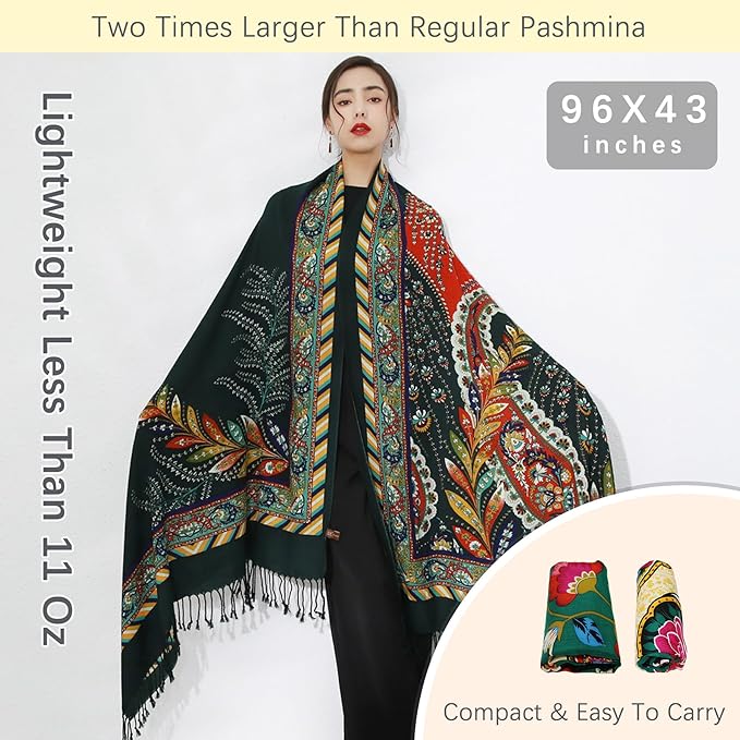 DANA XU 100% Merino Wool Extra Large Pashmina Blanket Travel Scarf Cashmere Wrap for Women Fall Winter Oversize Shawl Floral