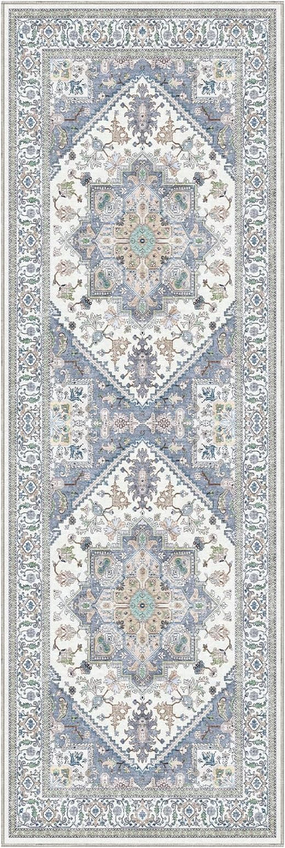 OPPODREAM Thin Entryway Rug 2x6, 2x6 Rug Runner, Washable Hallways Carpet 2 x 6 with Non Slip Backing, Low-Pile Bedside Carpet 2 x 6, Long, Faux Cashmere, Purple & Green & Cream