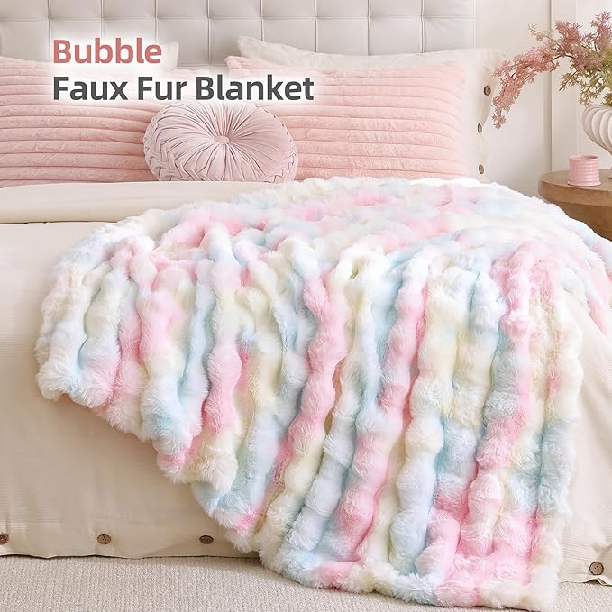 Smoofy Faux Fur Throw Blanket for Couch – Rainbow Fluffy Cozy Rabbit Fleece, Plush Soft Bubble Blanket for Sofa & Bed, for Mom, Warm Fuzzy Home Room Decor Throw 50" x 60"